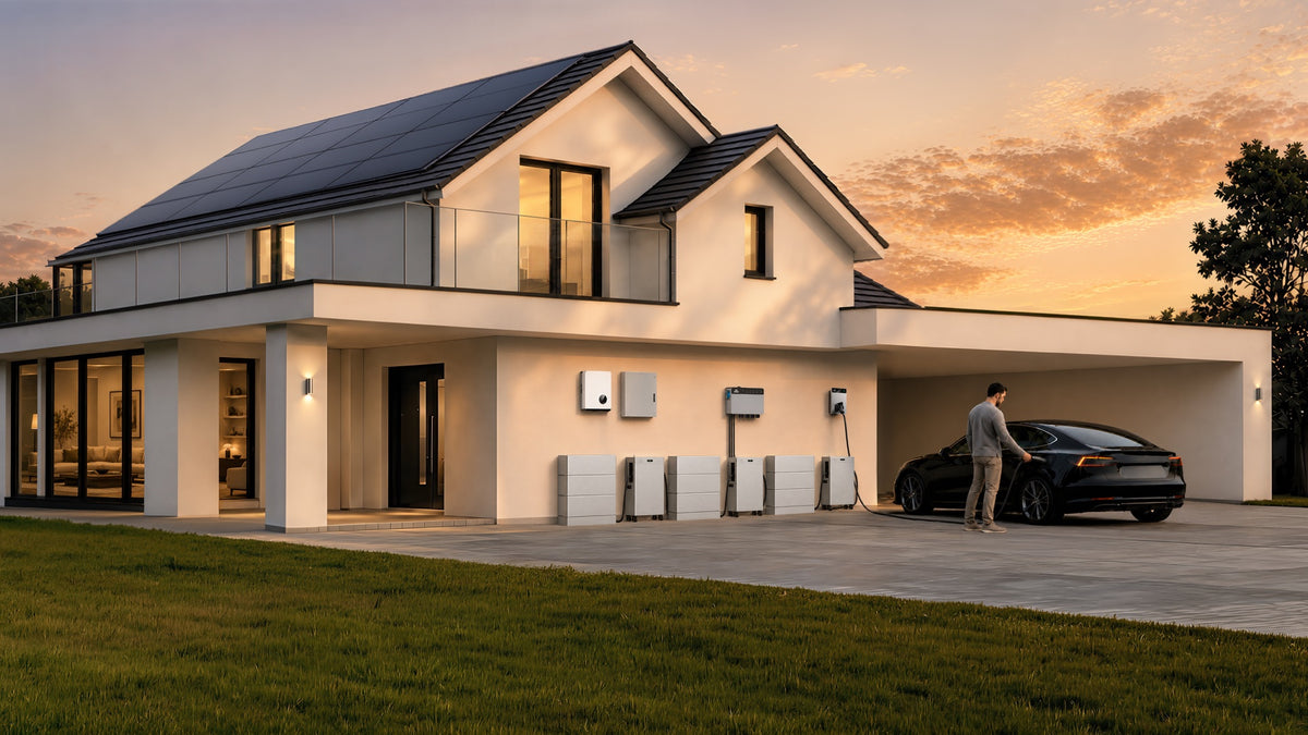 Elektrische auto bij een woning met laadvoorziening, PowerHub en SolarFlow-opslag