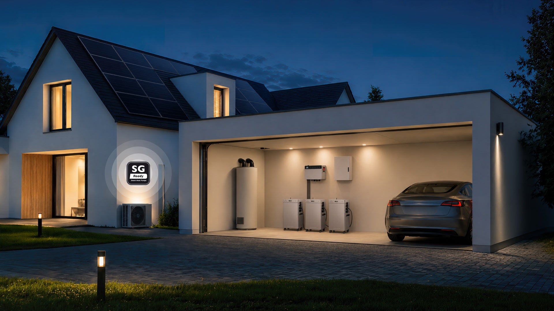 Woning met warmtepomp, SG Ready-aanduiding, PowerHub en SolarFlow-systemen