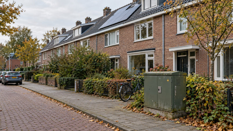 Illustratieve woonstraat met zonnepanelen en een elektriciteitskast bij het artikel over netkosten in Utrecht.