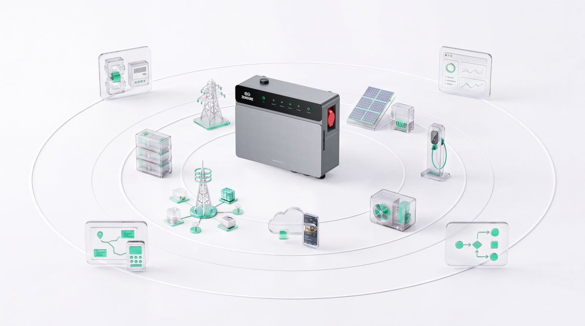 Een centrale PowerHub met verbindingen naar opslag, zonnepanelen en apparaten in huis