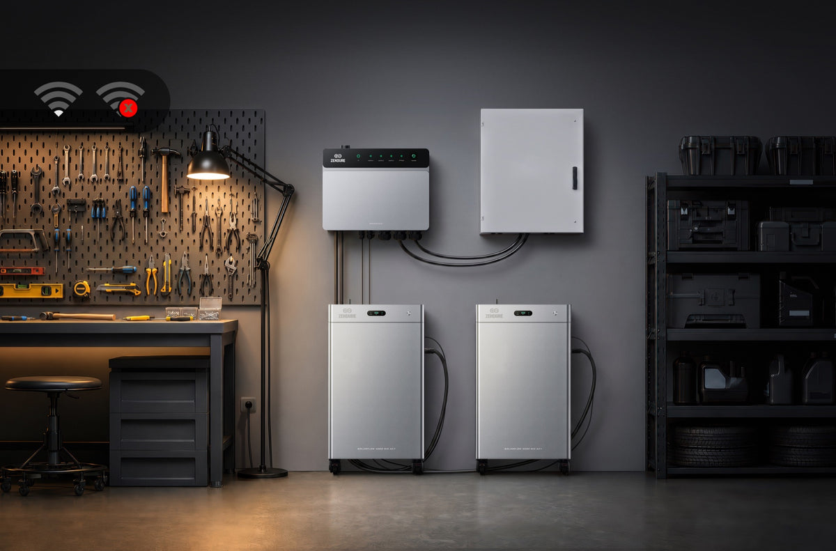 PowerHub en SolarFlow-systemen in een garage met symbool voor wegvallende wifi