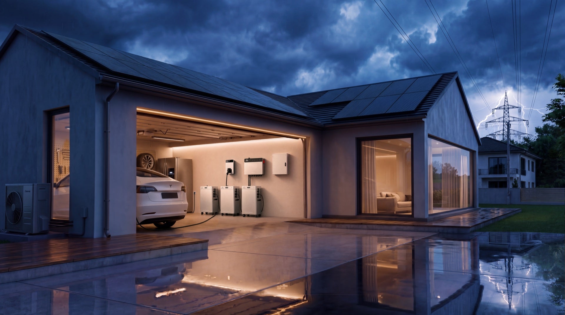 Verlichte woning met PowerHub en SolarFlow-batterijen tijdens een donkere avond