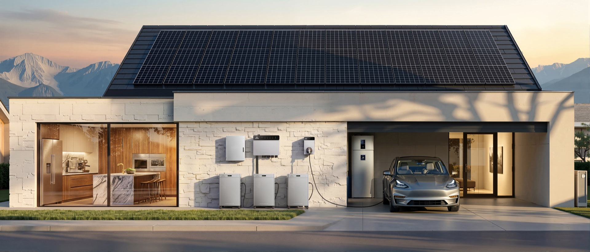Woning met zonnepanelen, PowerHub, SolarFlow-opslag en een elektrische auto